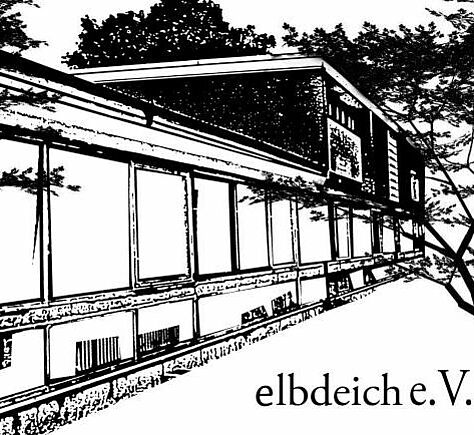 Ein skizzenhaft bearbeitetes schwarz-weiß-Foto der Pausenhalle von außen