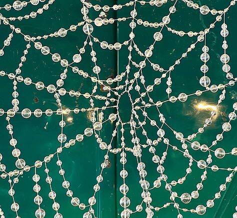 Link führt zu allen Einträgen der Kategorie "Extraperlen". Ein Netz aus durchsichtigen Glasperlen vor einem grünen Hintergrund. Die Perlen sind wie ein Spinnennetz angeordnet.